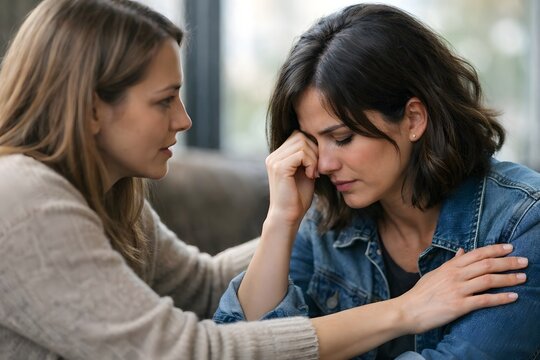 Woman comforting her distressed friend with a supportive hand on her shoulder during a difficult time