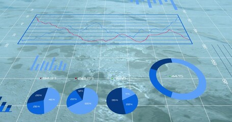 On data update interactive data dashboard animating over water grid, charts updating to show trends © vectorfusionart