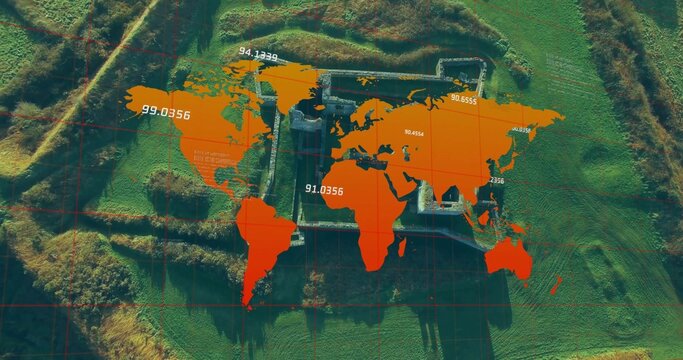 On playback orange map centering over fortress, fading in, revealing numeric labels for mapping