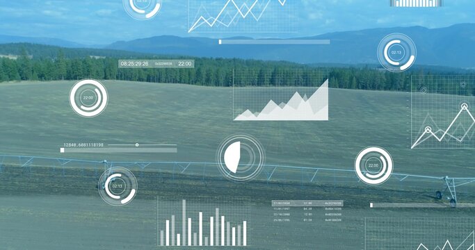 Pivot boom moving across field while aerial camera showing live HUD charts tracking farm water