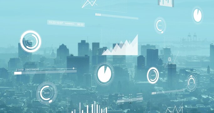 Scene starting with skyline haze, HUD fading, gauges rotating, metrics rising showing growth
