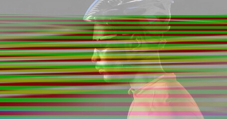 Glitch scanlines clearing, revealing cyclist profile while showing helmet and red top for sports © vectorfusionart