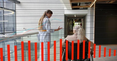 Caregiver walking beside wheelchair user in healthcare corridor, guiding as motion raising red bars © vectorfusionart