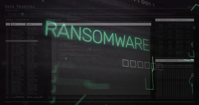 Faint 'RAA' appearing, headline forming RANSOMWARE while circuits sliding in, signaling alert on UI