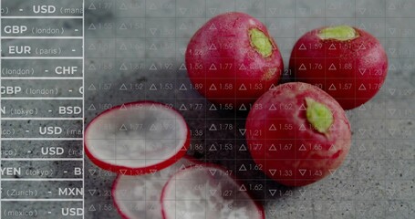 Radishes resting on gray table while FX ticker updating values and toggling arrows, frame zooming © vectorfusionart
