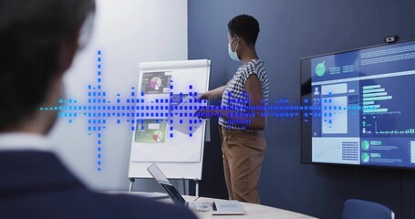 Presenter reaching flipchart, guiding business meeting while blue wave overlaying scene and moving © vectorfusionart