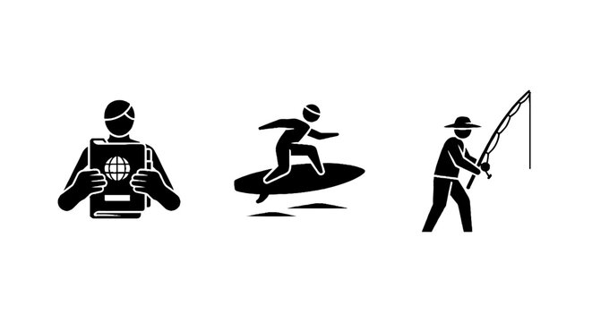 Silhouettes of photographer surfer and fisherman in action.