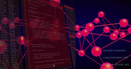 Magenta node network rotating right while red terminals sliding in from left, revealing C++ code © vectorfusionart