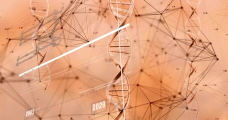 Research graphic diagonal bar sweeping DNA helix, chart highlighting, nodes pulsing, years moving © vectorfusionart