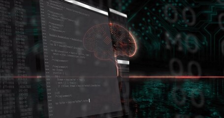 Monitor sliding in, revealing code, neural graphic pulsing and syncing, representing tech data flow © vectorfusionart