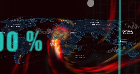 Fototapeta premium World map centering Africa Europe, swirls sweeping, cyan numerals from left sparking tech node glow