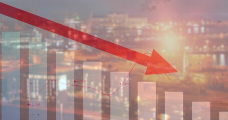 Chart animating as red arrow entering top-left, data line moving right, bars fading, showing drop © vectorfusionart