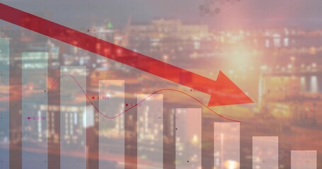 Chart animating as red arrow entering top-left, data line moving right, bars fading, showing drop © vectorfusionart