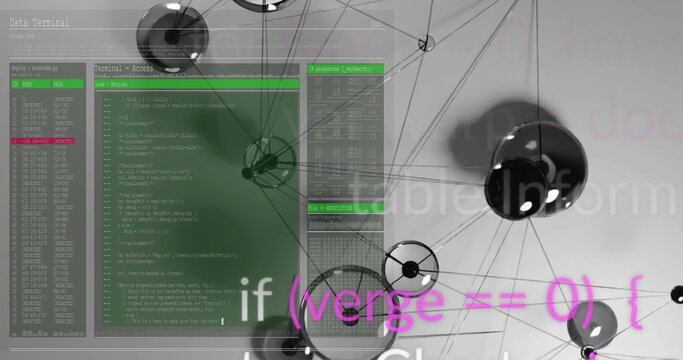 Terminal appearing, code filling panels, spheres rotating and overlays fading, showing layered view