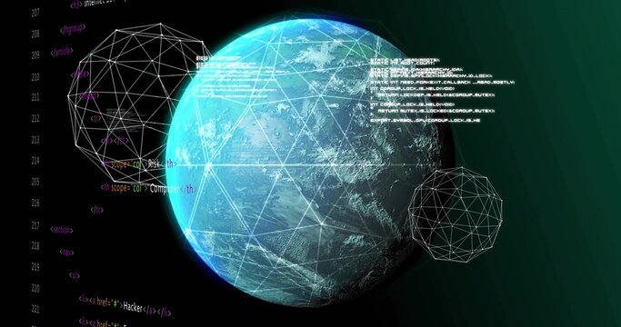 Stylized globe rotating in cyber view, code blocks scrolling from right, monitoring security