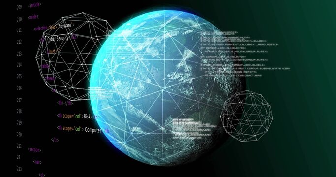 Stylized globe rotating in cyber view, code blocks scrolling from right, monitoring security