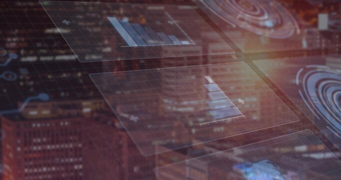 Initializing HUD panels sliding over night skyline, filling bar charts and showing radar