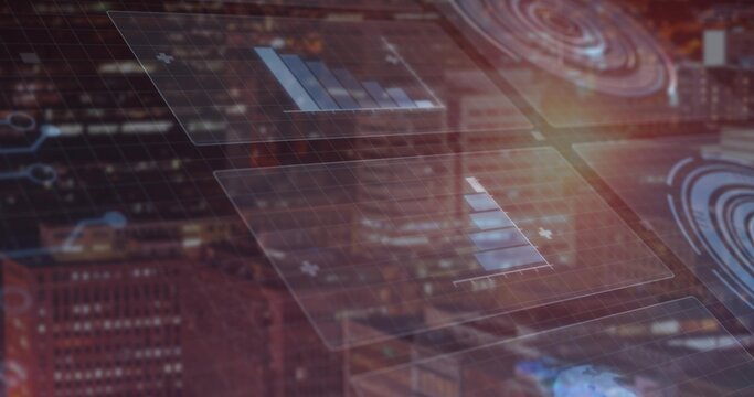 Initializing HUD panels sliding over night skyline, filling bar charts and showing radar