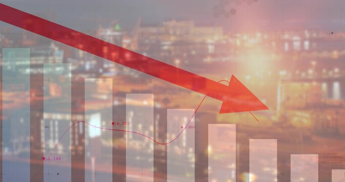 Chart animating as red arrow entering top-left, data line moving right, bars fading, showing drop