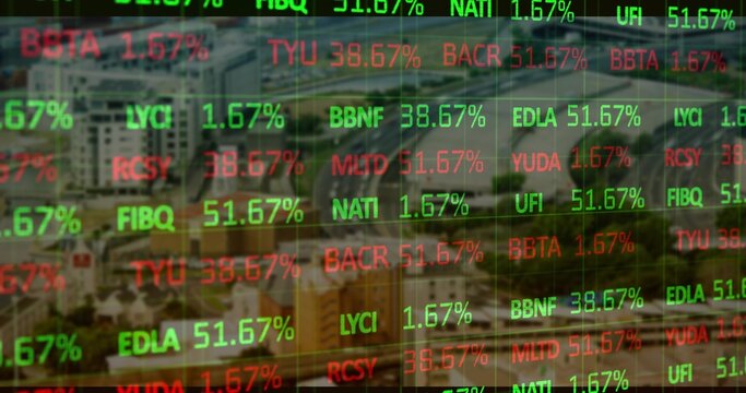 Live finance feed causing stock overlay updating across city, tickers and % spikes then settling