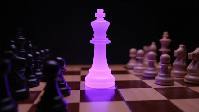 Glowing Chess King on a Chessboard with Other Pieces in a Dark Setting.