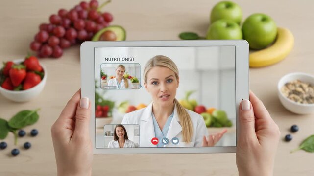 Top-down scene of hands holding tablet showing smiling nutrition specialist during remote consultation, with fresh produce, seeds, and healthy ingredients arranged neatly around device in bright