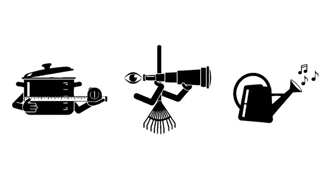 Black and white icons of camera printer and watering can.