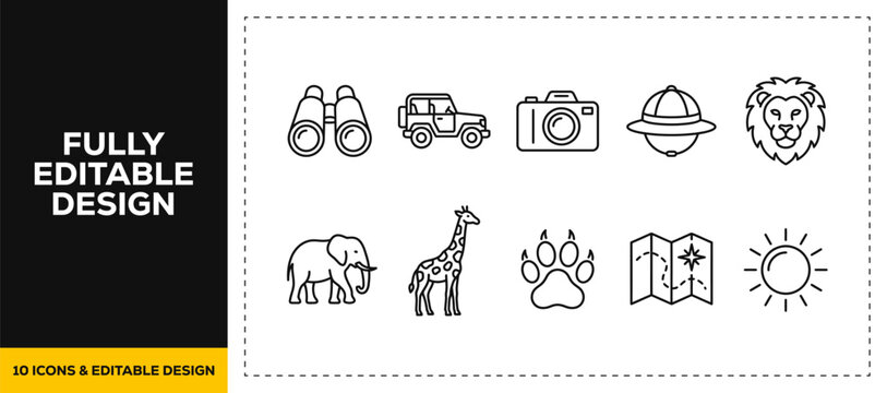 flat vector illustration line art icon bundle set design representing wild safari adventures nature wildlife binoculars offroad jeeps and animal observation graphics UI