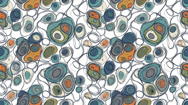 Seamless organic pattern: hand-drawn cells & flowing lines on white