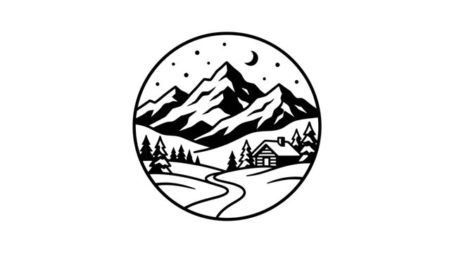 Mountain Cabin Landscape Circle Icon - Black and White Line Art