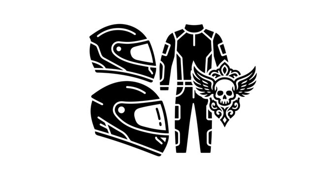 Motorcycle Racing Gear Icon Set: Helmet, Suit, Skull Emblem
