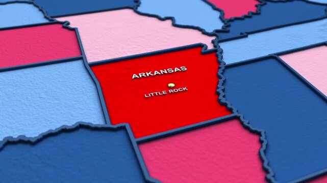 Looped 3D election map animation of the United States zooming into Arkansas state, featuring red, blue, purple and green political outcome variations. 