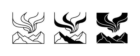 Aurora Borealis Icons, Northern Lights Mountain Landscape Vector Set, Celestial Phenomenon Graphics © poli