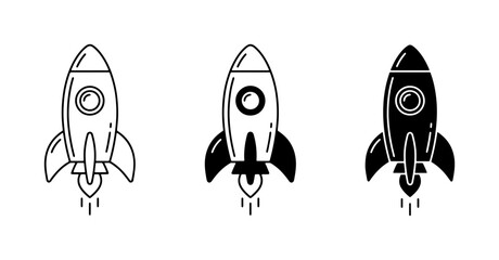 Rocket Ship Icons: Three Stylized Spacecraft Designs, Outline and Solid Black Variations, Vector Graphics for Exploration and Launch Themes © poli
