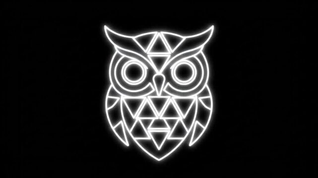 Geometric Owl Logo Design White Lines Black Background.