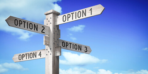 Fototapeta premium Option 1, 2, 3, 4 - wooden signpost with four arrows - 3D rendering