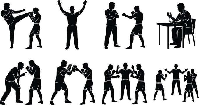 Boxing Training and Coaching Silhouette Set with Sparring Referee and Kickboxing Practice