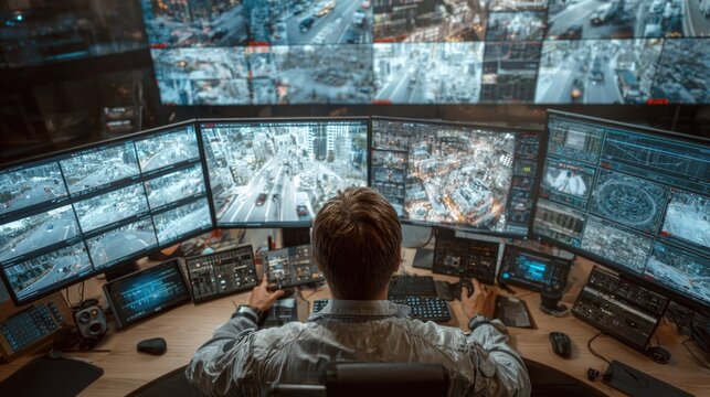 Professional emergency dispatcher in a high tech command center monitoring smart city security cameras and 3D holographic maps representing public safety and urban crisis management technology
