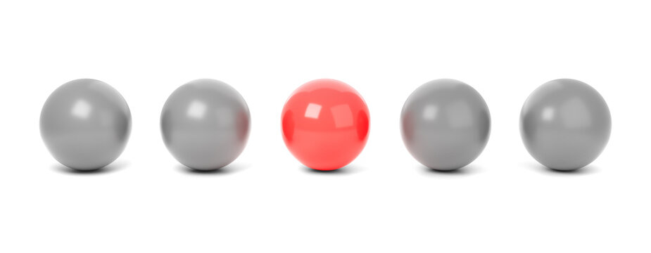 Red sphere standout from a row of grey balls representing individuality and leadership