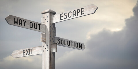 Fototapeta premium Escape, Way Out, Solution, Exit - wooden signpost with four arrows - 3D rendering