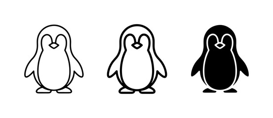 Cute Penguin Icons Set: Outline, Filled Outline, and Solid Black Vector Graphics for Wildlife and Winter Themes © Ruma
