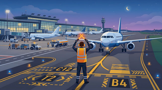 Ground Crew Marshalling Aircraft on Airport Tarmac at Night with Ground Support Vehicles and Illuminated Terminal Building Background