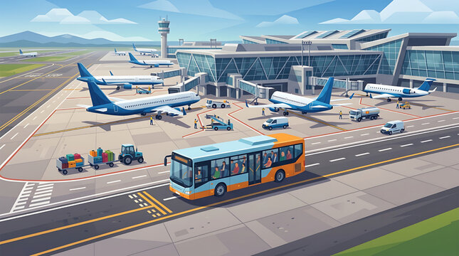 Modern airport terminal scene with commercial passenger airplanes and shuttle bus operating on the busy tarmac runway