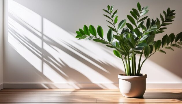 zamioculcas plant in pot creating shadows on white wall and wood floor