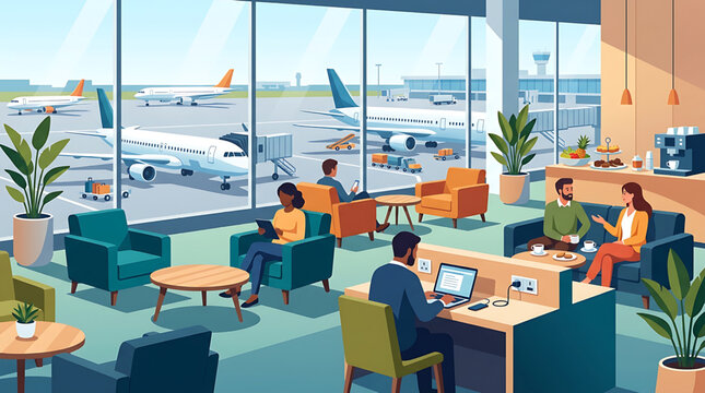 Modern airport lounge with comfortable seating, business travelers working on laptops, and planes visible through large windows