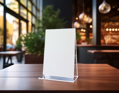 blank acrylic table tent sign mockup in cafe