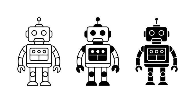 Retro Robot Icons, Vintage Android Illustrations, Futuristic Machine Graphics, Set of 3