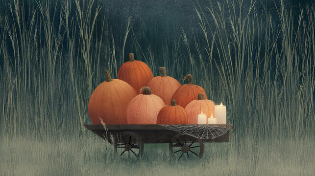 Watercolor pumpkin wheelbarrow with candles and cobwebs, in the tall grass of a night field against the background of the starry sky.