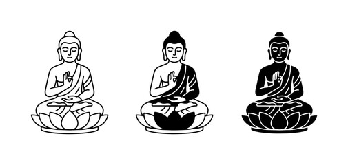 Buddha Icons Set: Meditating Figures in Lotus Pose, Zen Symbols, Spiritual Art, Black and White Vector Graphics