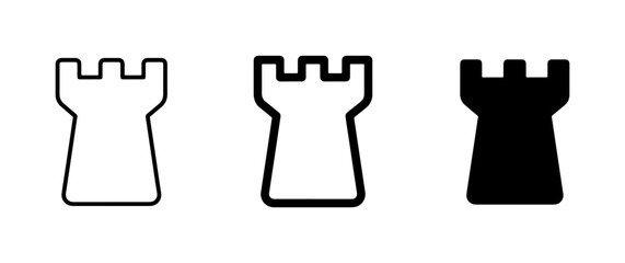 Chess Rook Icons Set, Simple Silhouette Game Pieces, Strategy Symbols, Black and White Vector Graphics © Sumi